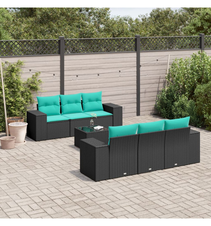 Salon de jardin 7 pcs avec coussins noir résine tressée | Mobilier & Déco