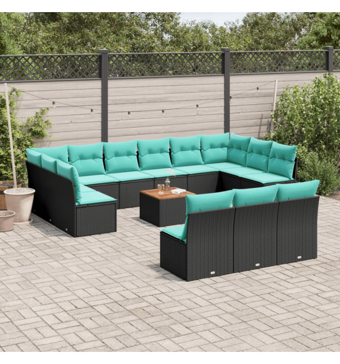 Salon de jardin avec coussins 14 pcs noir résine tressée | Mobilier & Déco