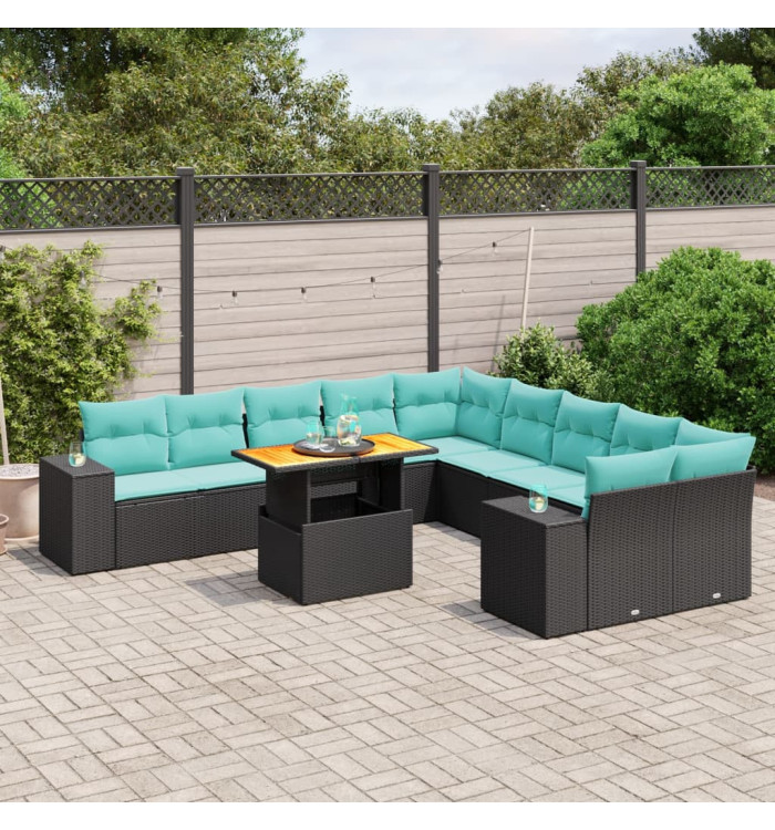 Salon de jardin 11 pcs avec coussins noir résine tressée | Mobilier & Déco
