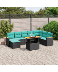 Salon de jardin 9 pcs avec coussins noir résine tressée | Mobilier & Déco