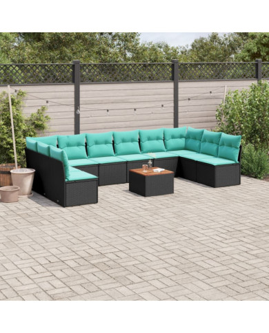 Salon de jardin 11 pcs avec coussins noir résine tressée | Mobilier & Déco