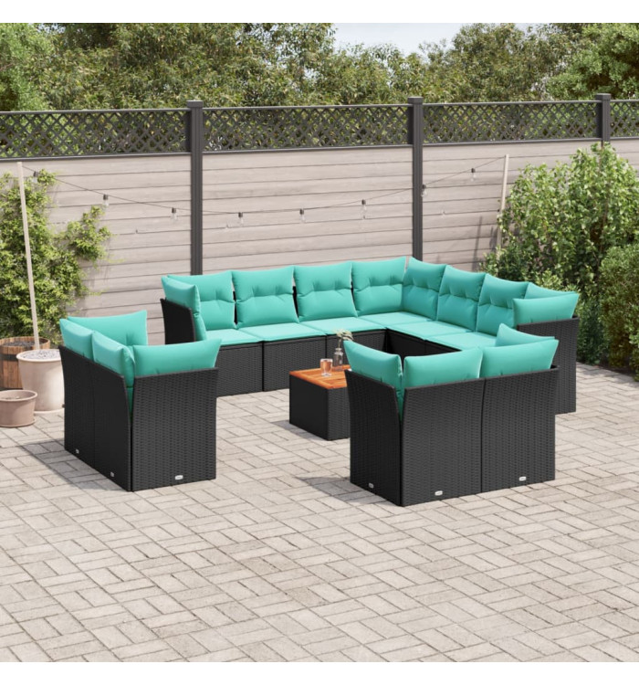 Salon de jardin avec coussins 12 pcs noir résine tressée | Mobilier & Déco