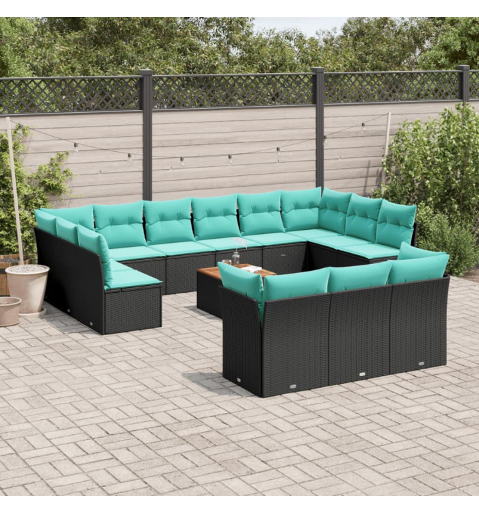 Salon de jardin avec coussins 14 pcs noir résine tressée | Mobilier & Déco