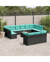 Salon de jardin avec coussins 14 pcs noir résine tressée | Mobilier & Déco
