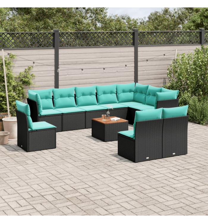 Salon de jardin 11 pcs avec coussins noir résine tressée | Mobilier & Déco