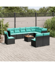 Salon de jardin 11 pcs avec coussins noir résine tressée | Mobilier & Déco