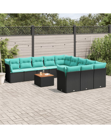 Salon de jardin avec coussins 12 pcs noir résine tressée | Mobilier & Déco