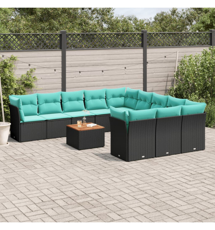 Salon de jardin avec coussins 12 pcs noir résine tressée | Mobilier & Déco