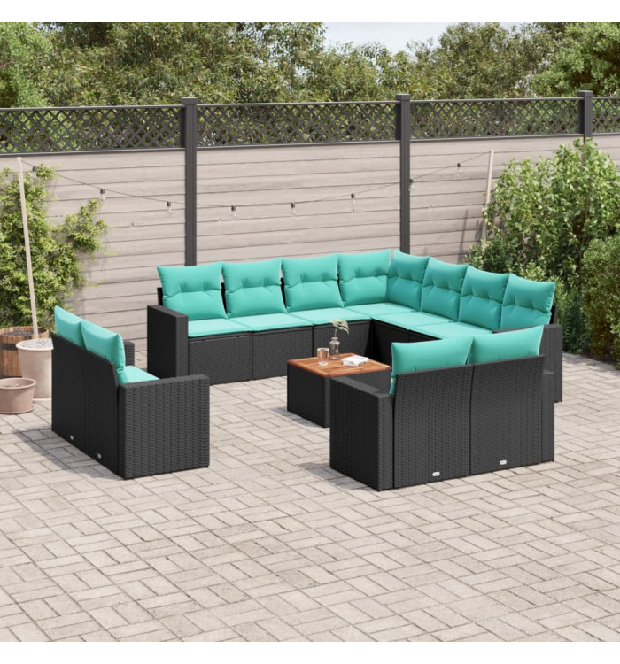 Salon de jardin avec coussins 12 pcs noir résine tressée | Mobilier & Déco