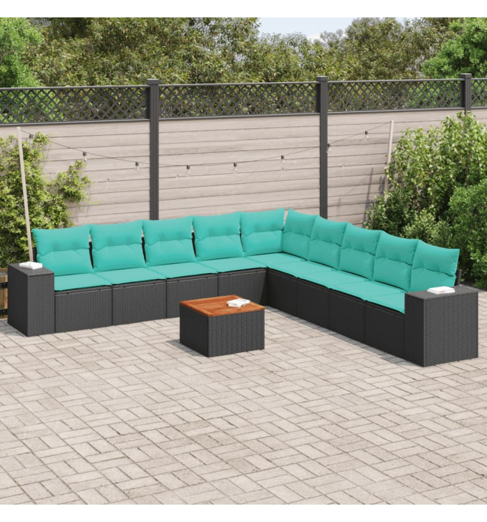 Salon de jardin 10 pcs avec coussins noir résine tressée | Mobilier & Déco