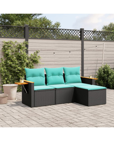 Salon de jardin 4 pcs avec coussins noir résine tressée | Mobilier & Déco