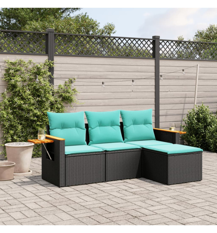 Salon de jardin 4 pcs avec coussins noir résine tressée | Mobilier & Déco