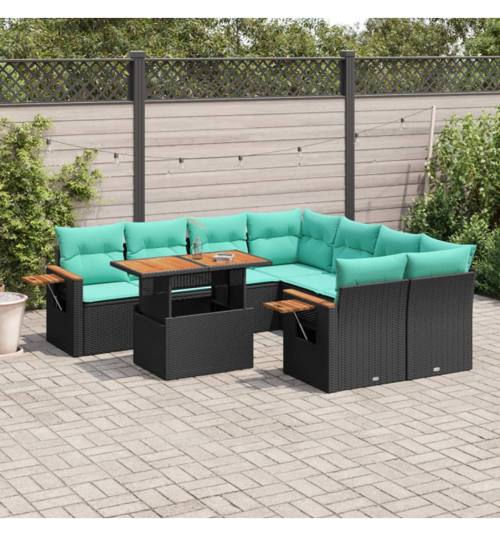 Salon de jardin 9 pcs avec coussins noir résine tressée | Mobilier & Déco