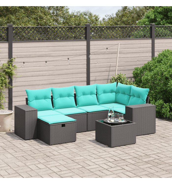 Salon de jardin 7 pcs avec coussins noir résine tressée | Mobilier & Déco