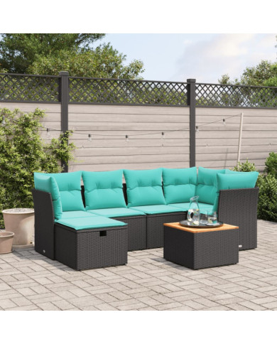 Salon de jardin 7 pcs avec coussins noir résine tressée | Mobilier & Déco