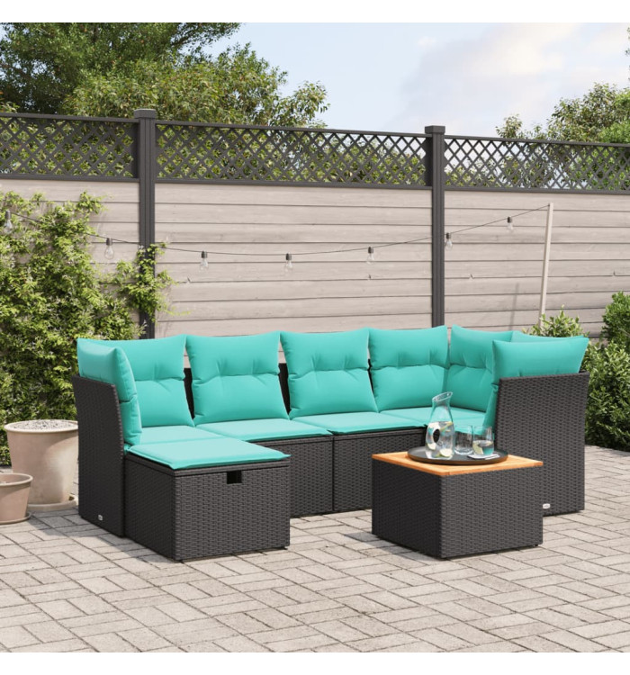 Salon de jardin 7 pcs avec coussins noir résine tressée | Mobilier & Déco