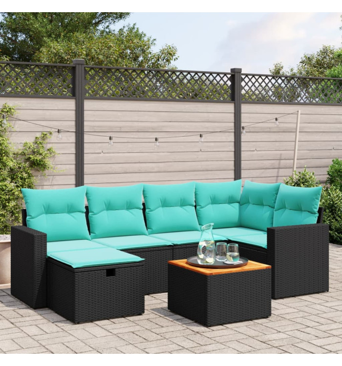 Salon de jardin 7 pcs avec coussins noir résine tressée | Mobilier & Déco