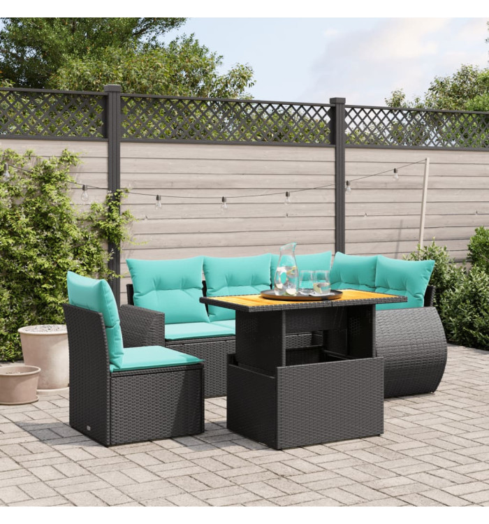 Salon de jardin 6 pcs avec coussins noir résine tressée | Mobilier & Déco