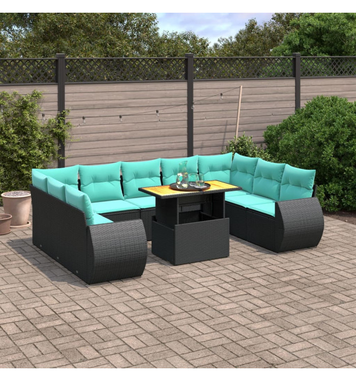 Salon de jardin 10 pcs avec coussins noir résine tressée | Mobilier & Déco