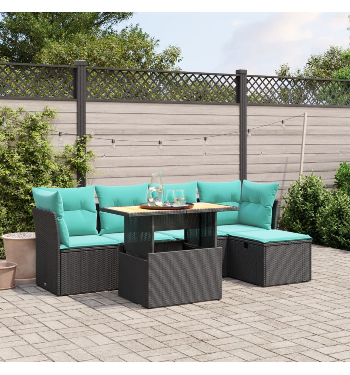 Salon de jardin 6 pcs avec coussins noir résine tressée | Mobilier & Déco