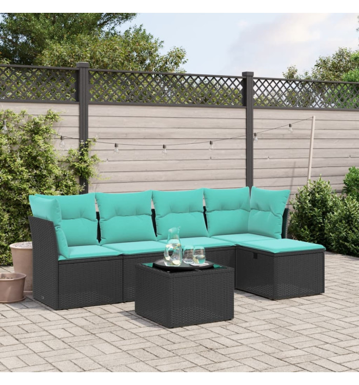 Salon de jardin 6 pcs avec coussins noir résine tressée | Mobilier & Déco
