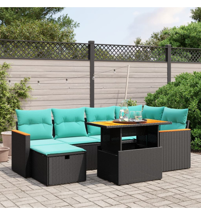 Salon de jardin 7 pcs avec coussins noir résine tressée | Mobilier & Déco