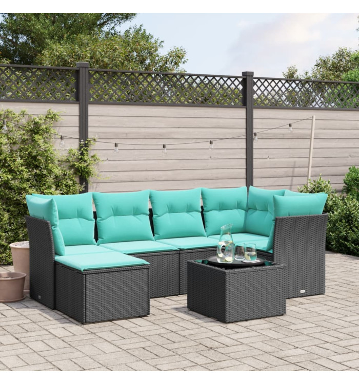 Salon de jardin 7 pcs avec coussins noir résine tressée | Mobilier & Déco