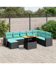 Salon de jardin 9 pcs avec coussins noir résine tressée | Mobilier & Déco