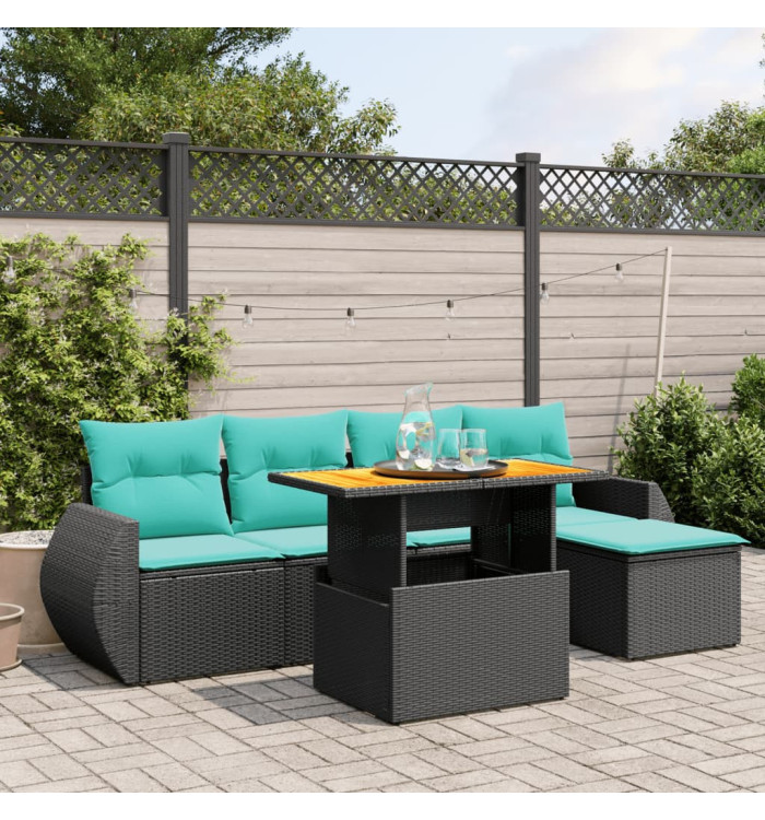 Salon de jardin 6 pcs avec coussins noir résine tressée | Mobilier & Déco