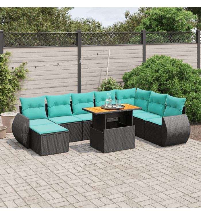 Salon de jardin 9 pcs avec coussins noir résine tressée | Mobilier & Déco