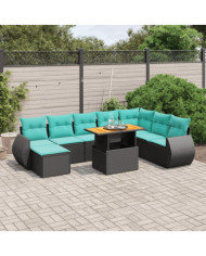 Salon de jardin 9 pcs avec coussins noir résine tressée | Mobilier & Déco