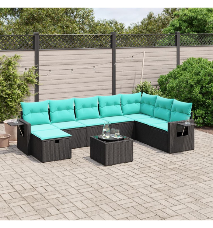 Salon de jardin 9 pcs avec coussins noir résine tressée | Mobilier & Déco
