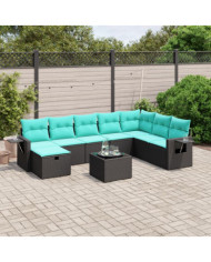 Salon de jardin 9 pcs avec coussins noir résine tressée | Mobilier & Déco