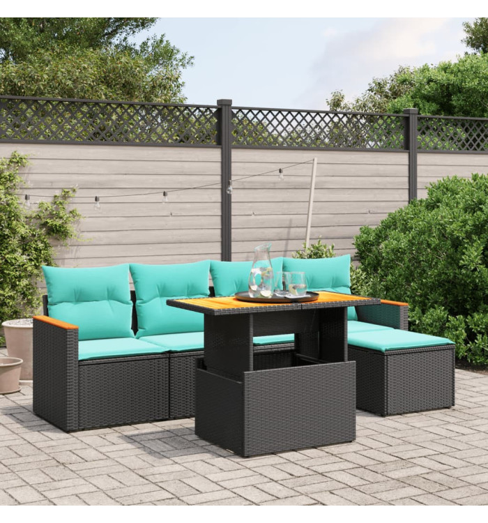 Salon de jardin 6 pcs avec coussins noir résine tressée | Mobilier & Déco