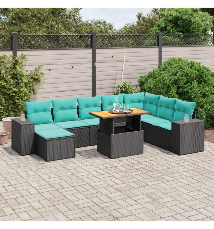 Salon de jardin 9 pcs avec coussins noir résine tressée | Mobilier & Déco