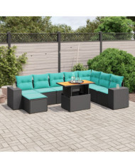 Salon de jardin 9 pcs avec coussins noir résine tressée | Mobilier & Déco