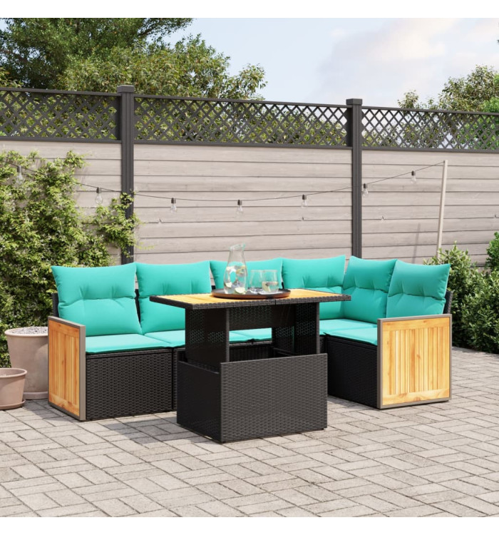 Salon de jardin 6 pcs avec coussins noir résine tressée | Mobilier & Déco