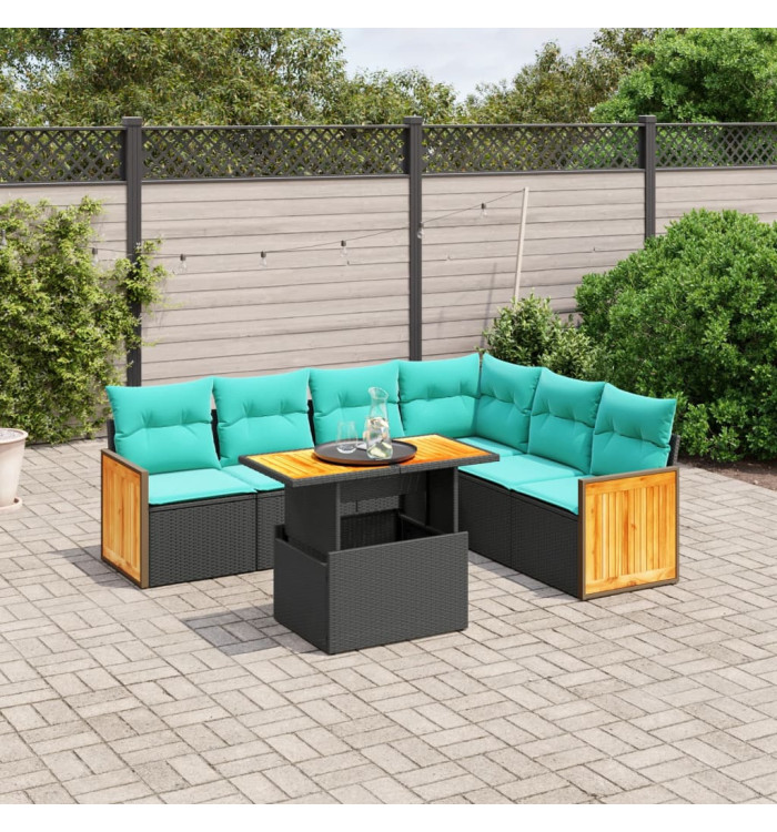 Salon de jardin 7 pcs avec coussins noir résine tressée | Mobilier & Déco