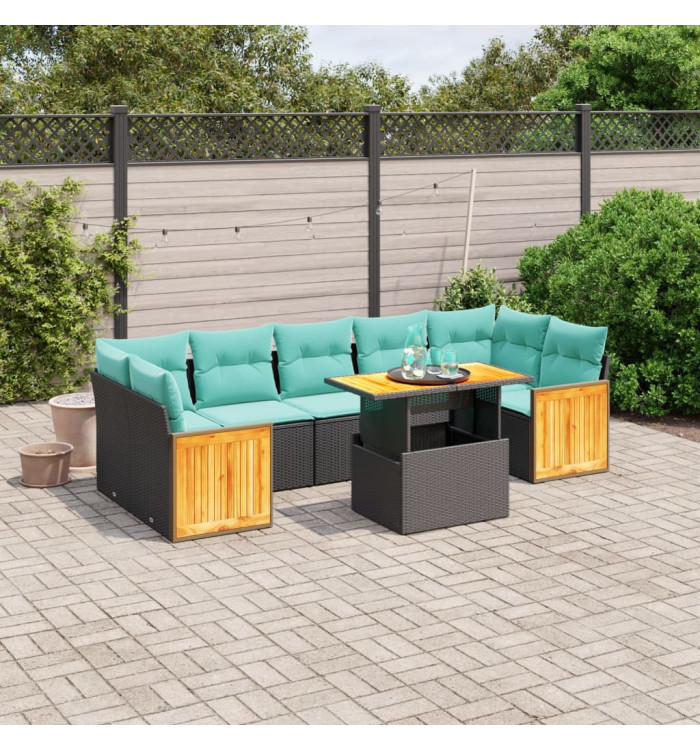 Salon de jardin 8 pcs avec coussins noir résine tressée | Mobilier & Déco