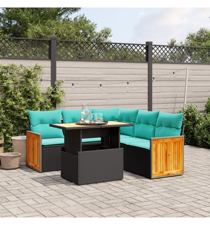 Salon de jardin 6 pcs avec coussins noir résine tressée | Mobilier & Déco