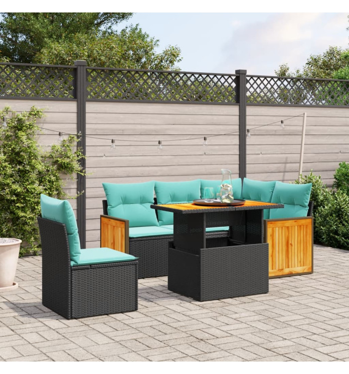 Salon de jardin 6 pcs avec coussins noir résine tressée | Mobilier & Déco