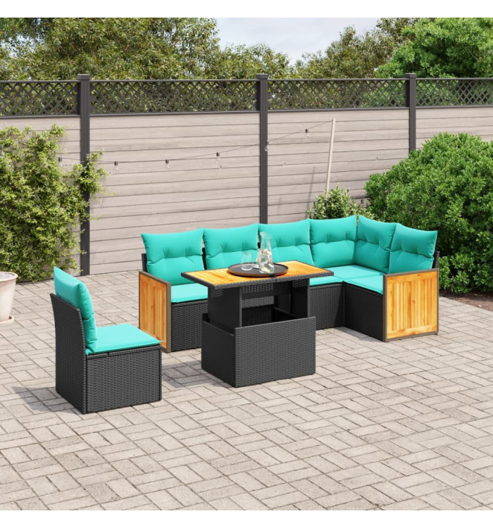 Salon de jardin 7 pcs avec coussins noir résine tressée | Mobilier & Déco