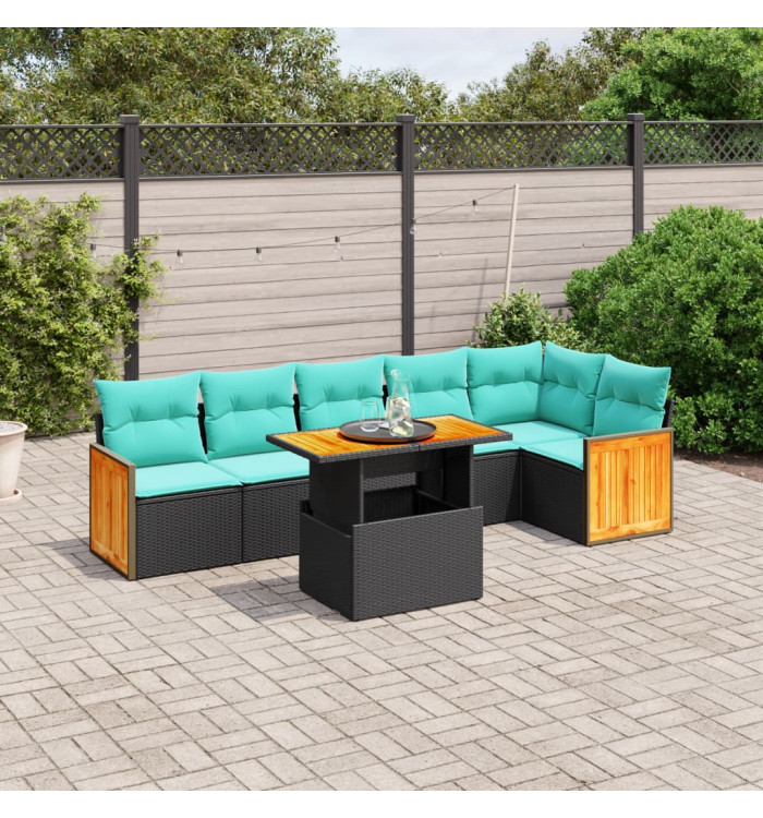 Salon de jardin 7 pcs avec coussins noir résine tressée | Mobilier & Déco