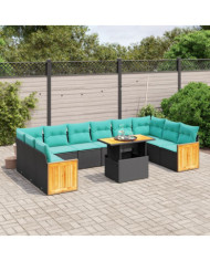 Salon de jardin 11 pcs avec coussins noir résine tressée | Mobilier & Déco