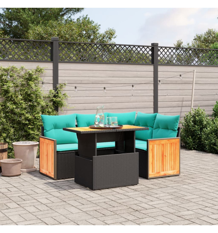 Salon de jardin 5 pcs avec coussins noir résine tressée | Mobilier & Déco