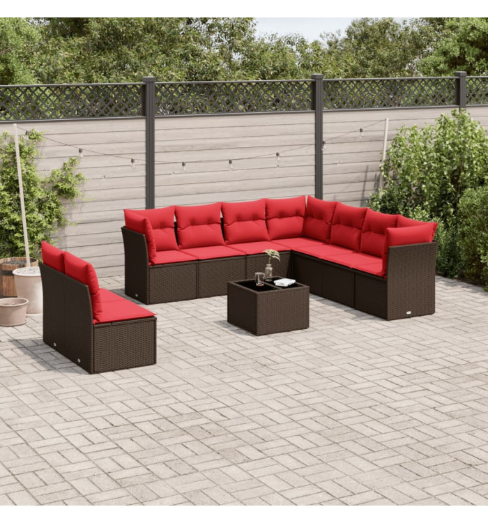 Salon de jardin 10 pcs avec coussins marron résine tressée | Mobilier & Déco