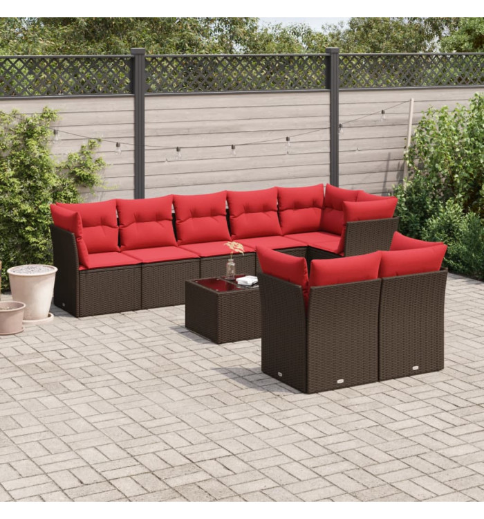 Salon de jardin avec coussins 9 pcs marron résine tressée | Mobilier & Déco