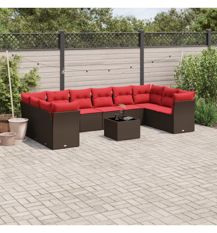 Salon de jardin et coussins 11 pcs marron résine tressée | Mobilier & Déco