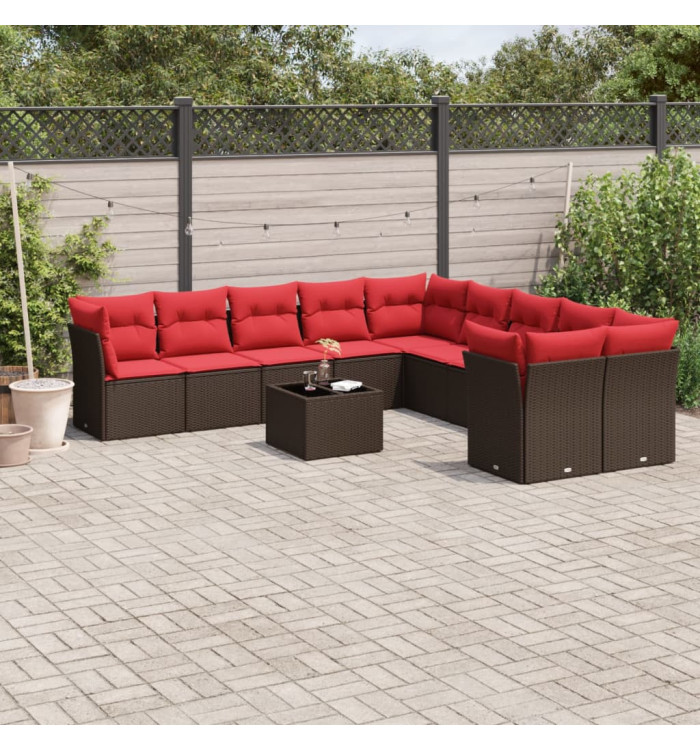 Salon de jardin et coussins 11 pcs marron résine tressée | Mobilier & Déco