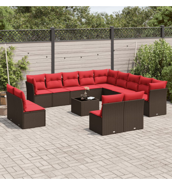 Salon de jardin avec coussins 14 pcs marron résine tressée | Mobilier & Déco